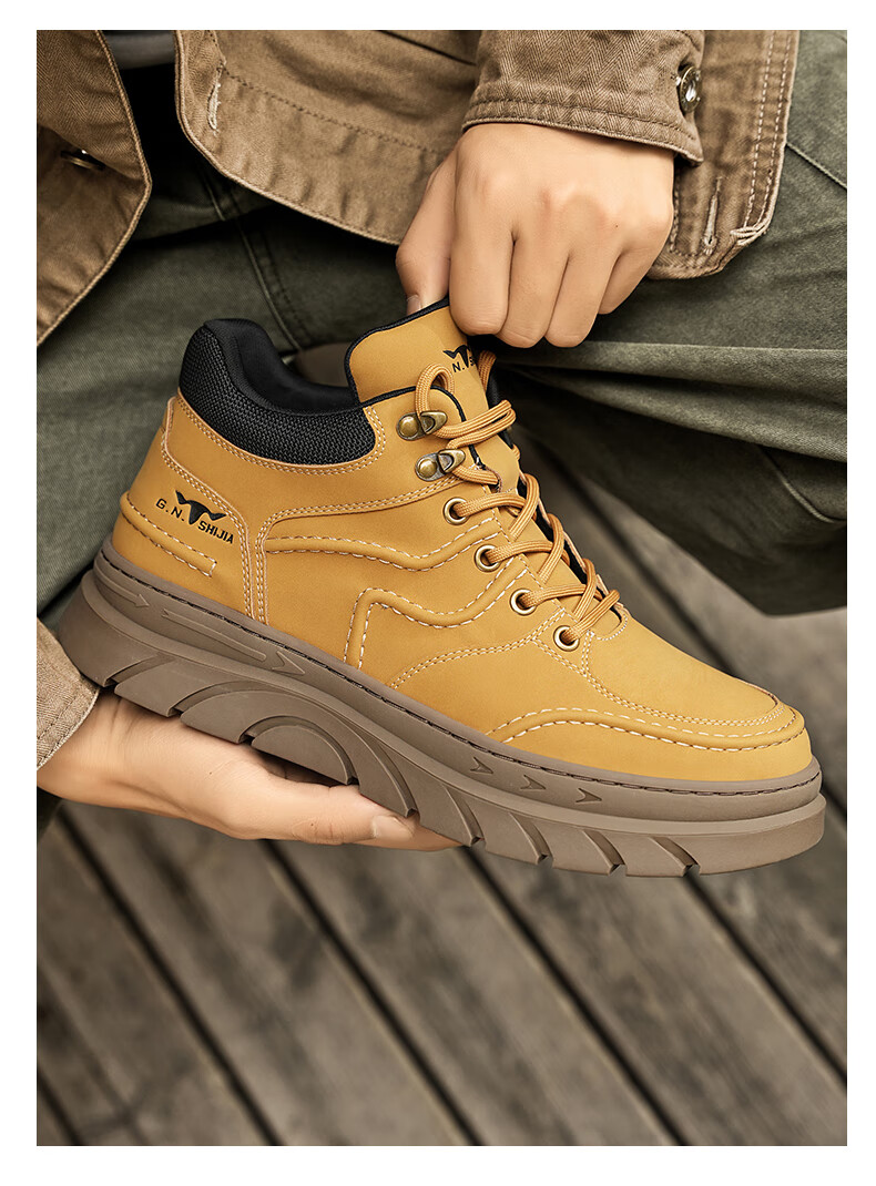 Bull Family Martin Boots Men Autumn Winter New High-top Durable Work Boots Thick Sole Height Increasing Yellow Boots Men's Versatile Biker Shoes 15