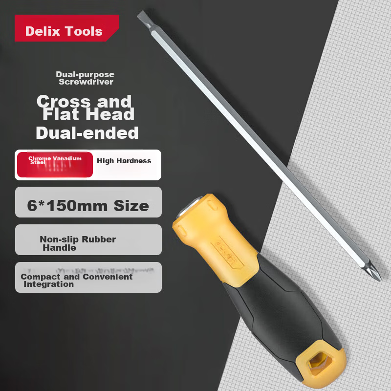 Deli Rubber Handle Dual-Purpose Screwdriver, Phillips And Flathead Double-Ended Screwdriver, Computer Assembly Tool, 6*150mm