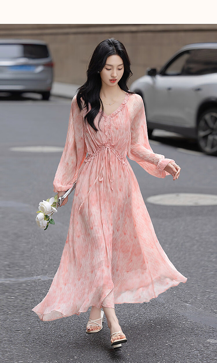 Dme [French-Style Muse] Spring Lightweight Wrinkle-Resistant Chiffon Floral Fairy Dress, Waist-Cinching Ruffle Trim Women's Dress 11