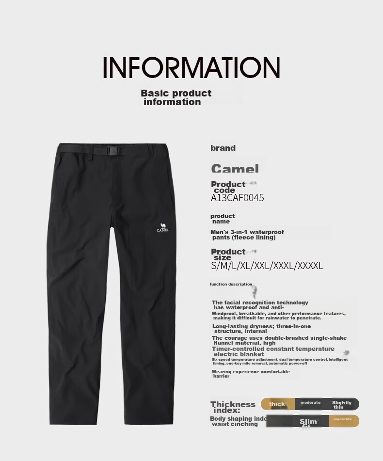 CAMEL Outdoor Hiking Pants for Men, Three-In Spring And Autumn Windproof Waterproof Thickened Fleece-Lined Mountaineering Ski Pants A13CAF0045 14
