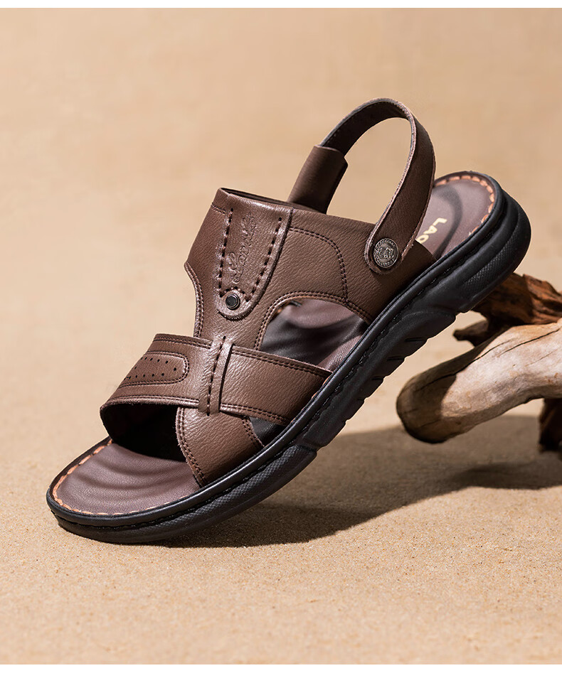 LAORENTOU Men's Sandals, Summer Beach Shoes, Cowhide Sandals And Slippers, Dual-Use Leather Sandals for Men, LT65, Black, Size 40 6