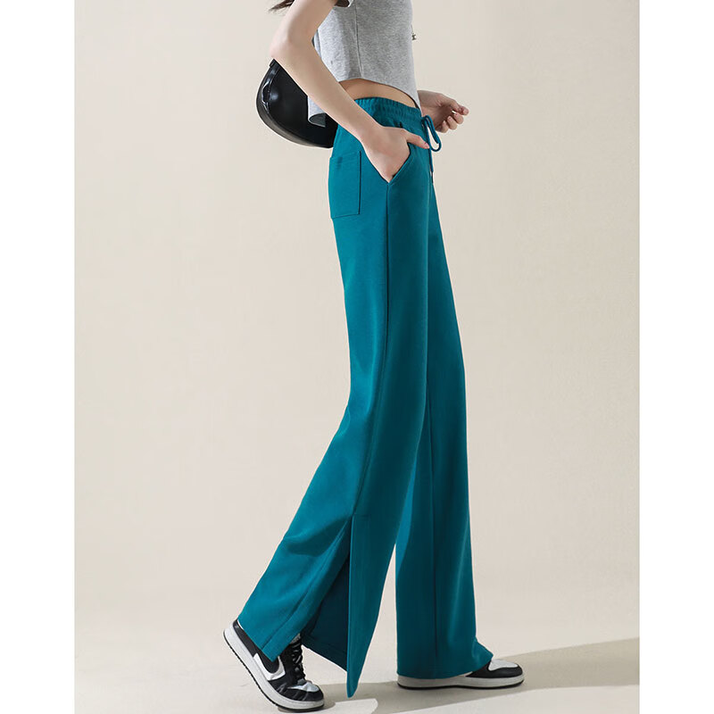 Dme [Knitted Pants] Spring And Autumn Commuter Women's Trousers with Drawstring Elastic Waist Straight Casual Wide-Leg Pants for Wome