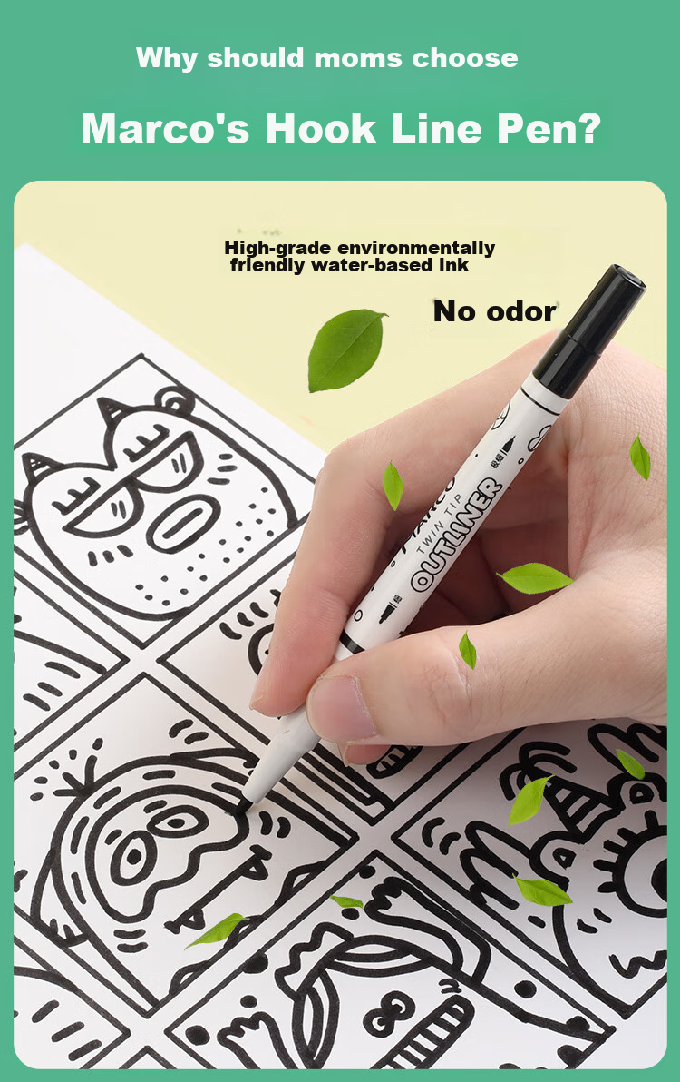 MARCO Dual-Tip Marker Pen for Children's Drawing, Thick Black Art Supplies for Kindergarten Doodling, Outline Drawing, Black Water-Based Pen, Marker Pen for Painting 3
