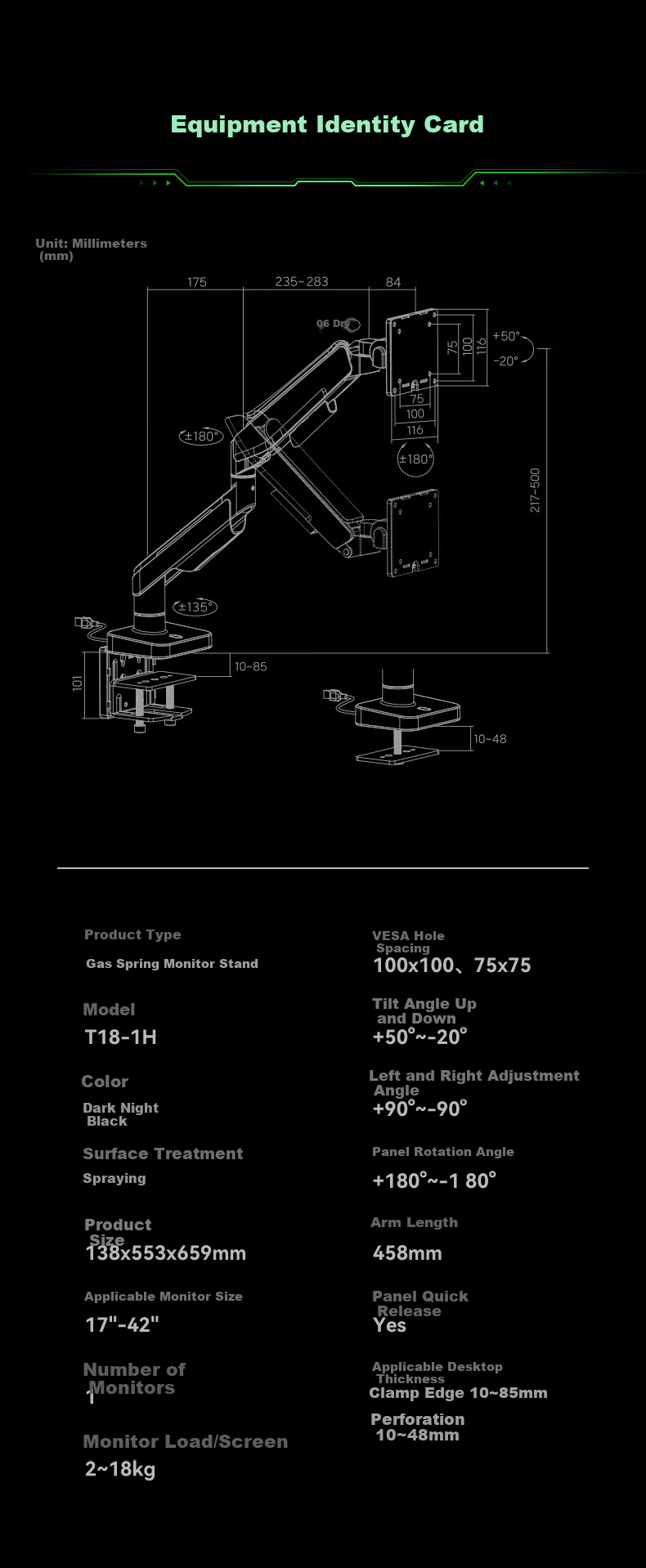 HUMANEX Monitor Stand, Computer Display Stand, Gaming RGB Mechanical Arm, Desktop Riser, Heavy-Duty Load Capacity of 18KG, Suitable for 17-45 Inch Screens, Dark Angel T18-1H 15