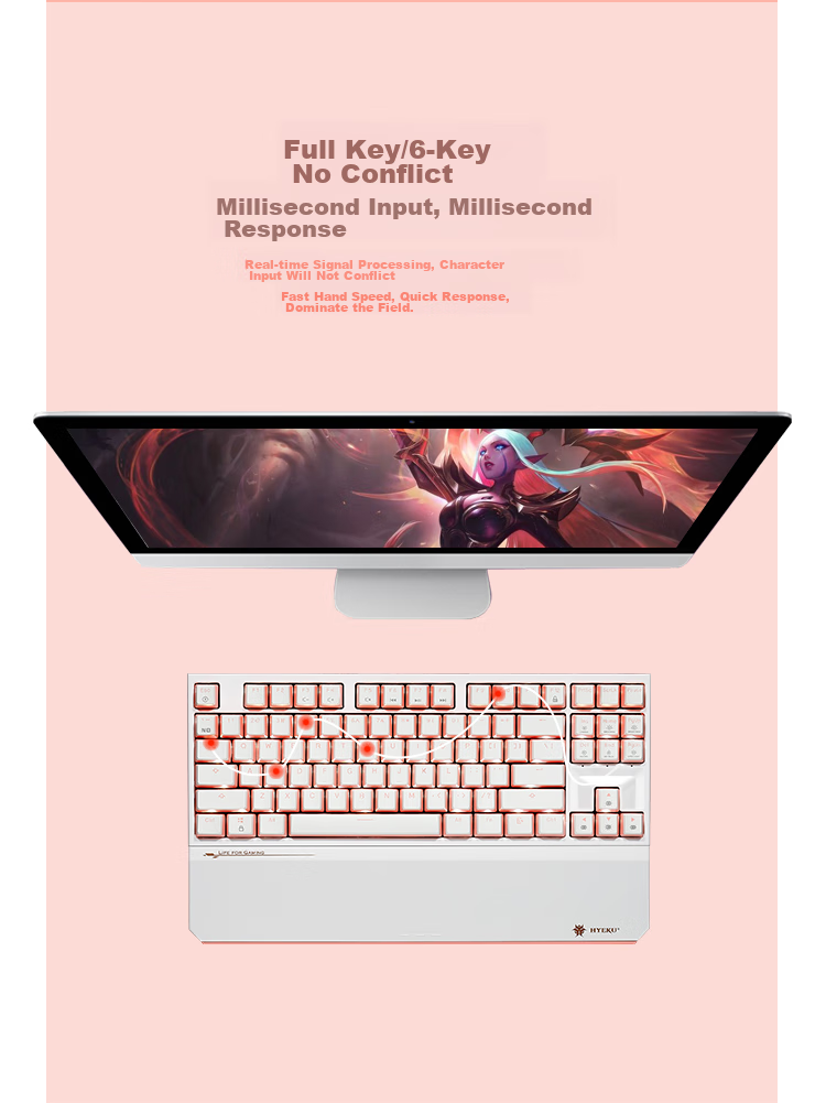Hyeku X3 Wired/wireless 2.4G Dual-Mode Gaming Mechanical Keyboard, 87 Keys, PBT Keycaps, Kaikhua BOX New Switch, Peach Bubble Water, Kaikhua Rose Red Switch with Clip And Wrist Rest 14
