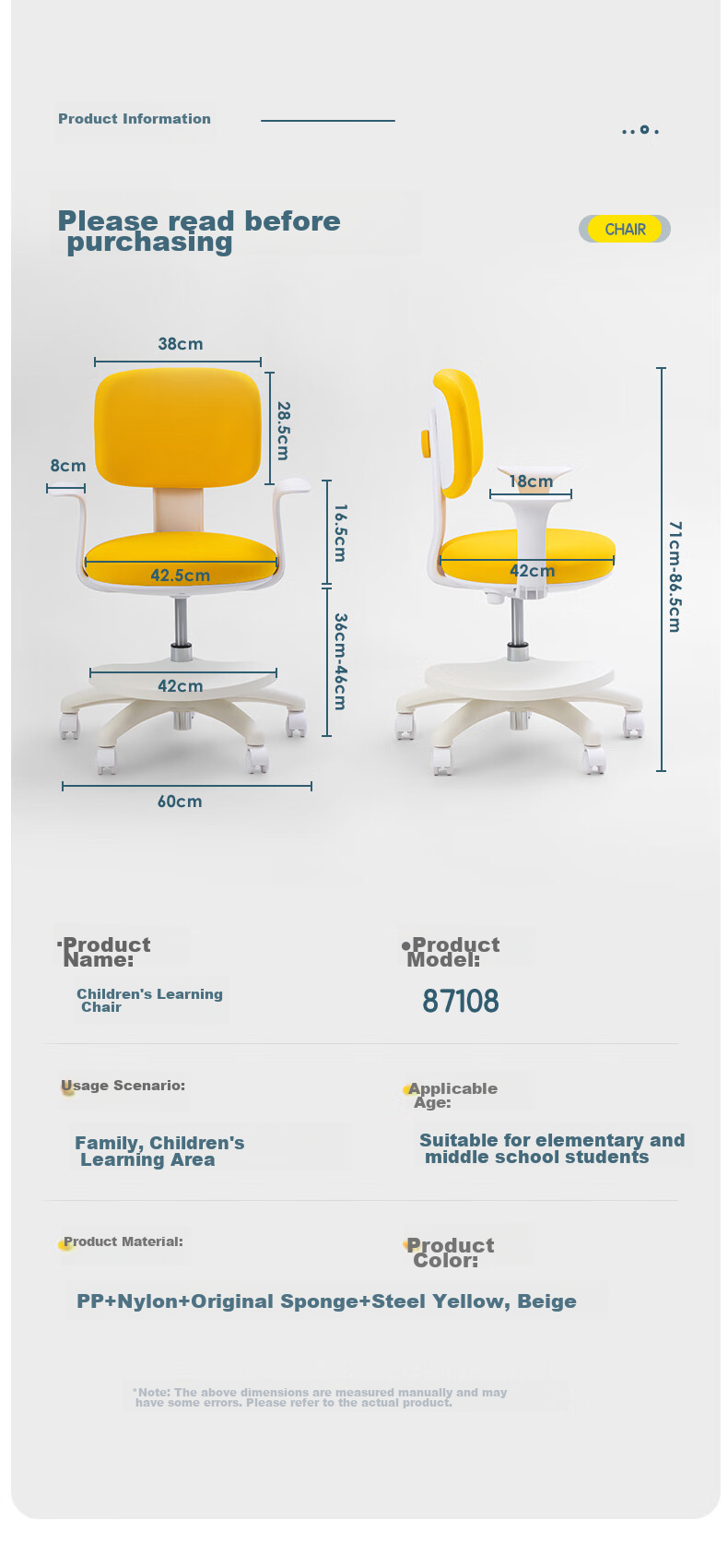Deli Children's Learning Chair, Student Writing Desk And Chair, Ergonomic Height Adjustable Seat, Yellow (Single Chair) 12