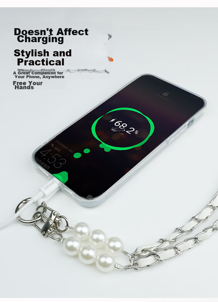 ESCASE Phone Lanyard Crossbody Strap Neck Strap Anti-Loss Phone Case Long Chain High Fashion Pearl Necklace Dopamine Summer Colorful Silver White 4