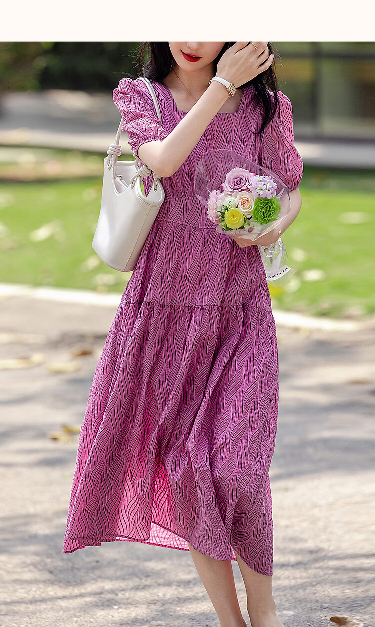 Dme [Bubble Pleated Texture] Summer French Square Neck Cotton Waist-Cinching Ruched Wide-Leg Waist-Cinching Dress 14