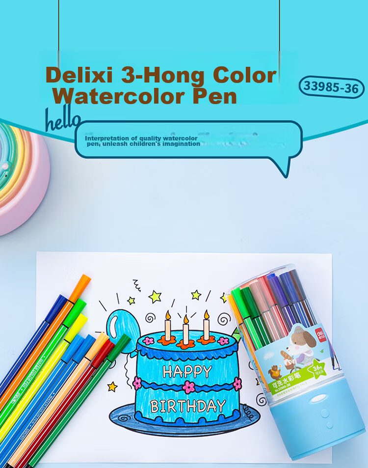 Deli 36-Color Washable Watercolor Markers Hexagonal Barrel Children's Student Drawing Colored Coloring Pens Birthday Wish Tube Watercolor Markers Graduation Gift for Boys And Girls 1