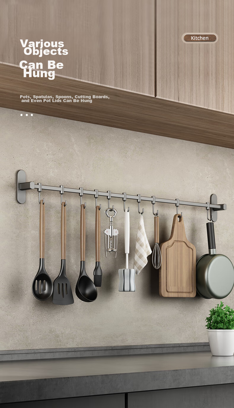YOUQIN Kitchen Storage Rack Hooks, Wall-Mounted without Drilling, Multifunctional Hook Organizer, Pot Lid Rack, Stainless Steel Hanging Rod, Gunmetal Gray, 50cm 3