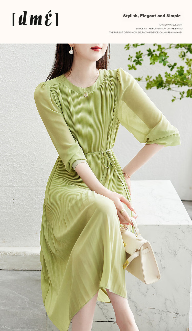 Dme [Waving Sleeve to Capture Fairy Dust] Spring And Autumn Round Neck Pleated Puff Sleeve Waist-Cinching Tie A-Line Dress for Women, Mid-Length Style 1