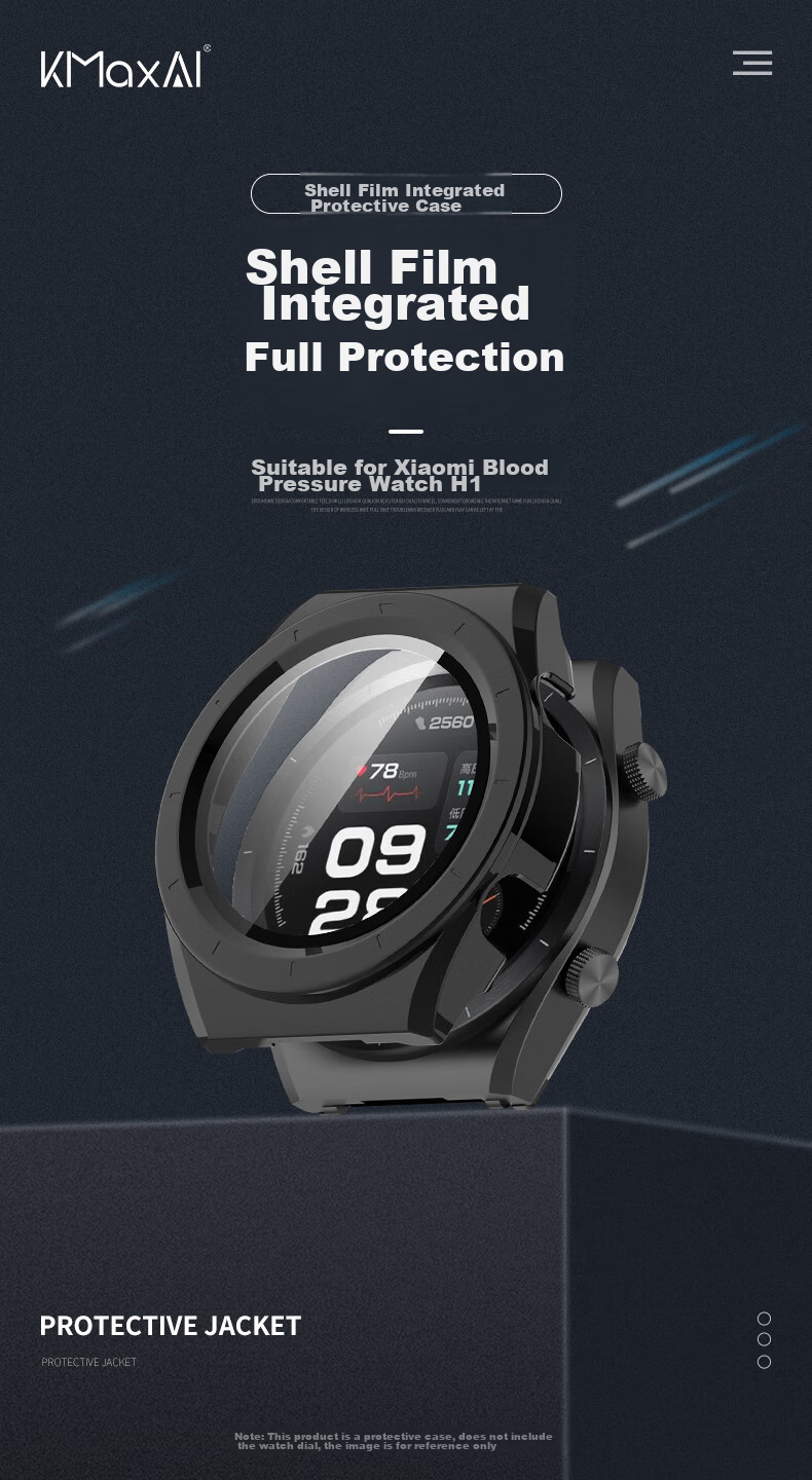 KMaxAI Full Protection Case for Xiaomi Blood Pressure Watch H1, Integrated Screen Protector And Protective Cover, Anti-Scratch Anti-Fingerprint Shockproof Hard Shell + Tempered Glass Film, Black 1
