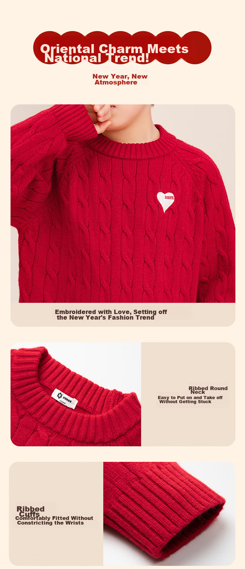 Zuoxi Boys' Red Sweater, Children's Thick Knit Pullover, 2025 New Style Boys' New Year Outfit, Winter Clothing, White, Size 140 6