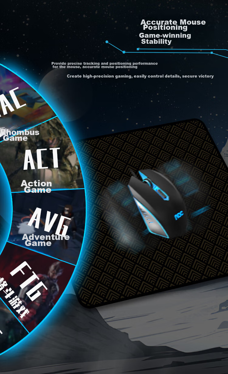 AOC Full-Property Series Gaming Mouse Pad, Small Size 300*250*4mm, Thickened with Locked Edges, Office Keyboard Computer Desk Pad, M111/93 Planet Black 3