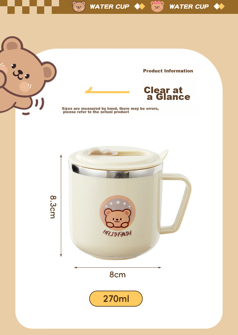 WORTHBUY 316 Stainless Steel Children's Milk Cup, Baby Drinking Cup, Double-Layer Anti-Scalding with Scale And Straw Cup, Bear Desig 12
