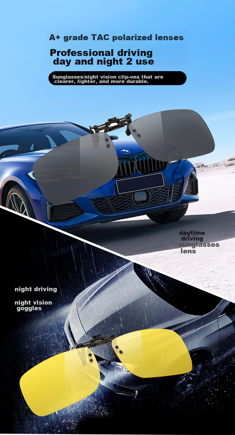 Carsman Clip-On Polarized Myopia Sunglasses Anti-Glare Night Vision Driving Glasses Unisex Day and Night Use Set 2