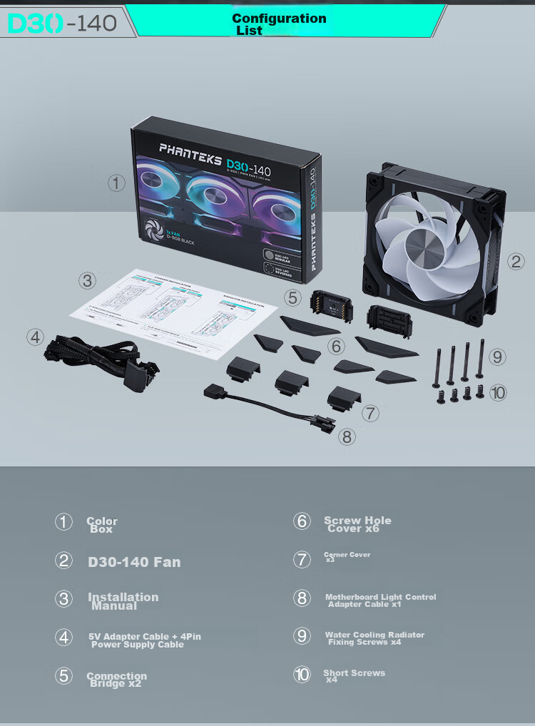 PHANTEKS D30 Building Block Version Anti-Leaf 14cm Case Water Cooling Radiator ARGB Temperature Control Fan (30mm Thick / Hidden Screw Holes / Wireless Cable Connection / Single Package / Black) 16