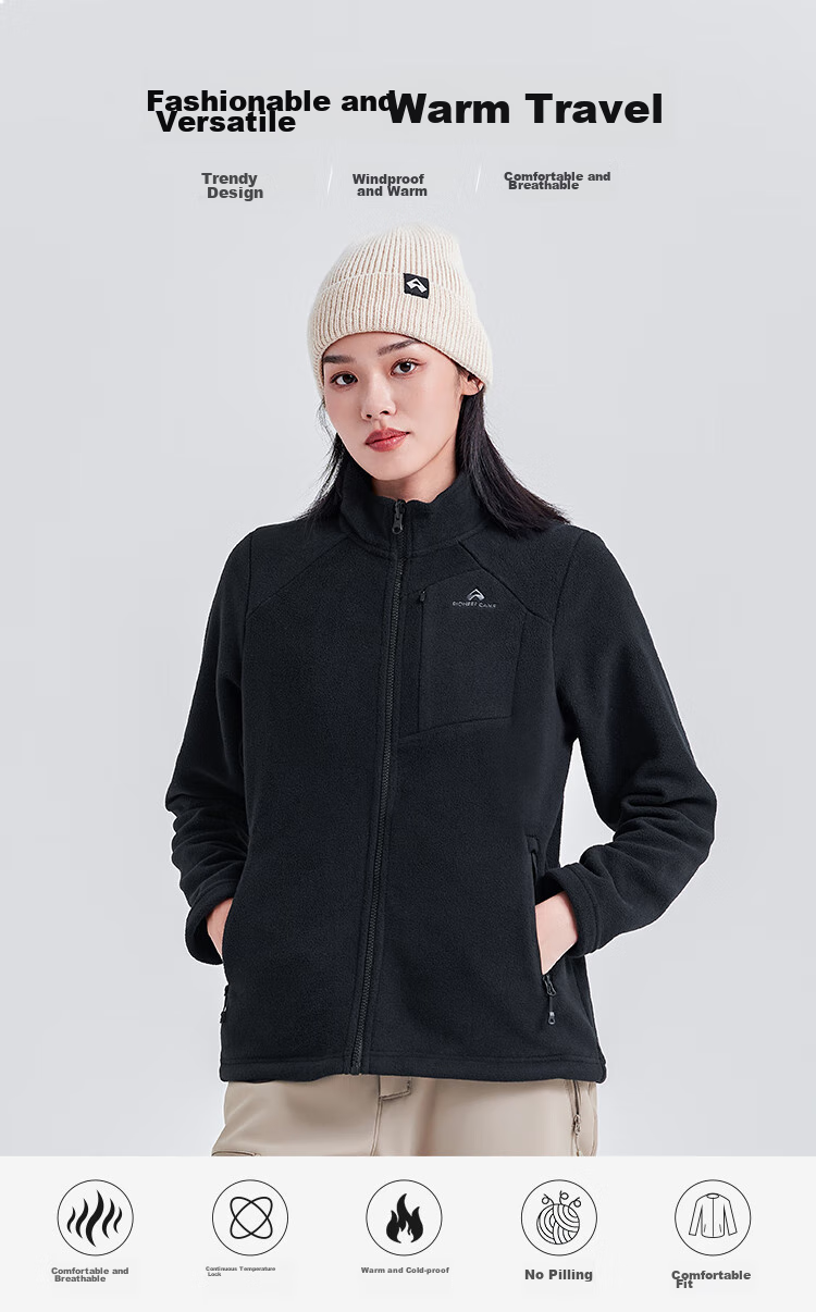 Pioneer Camp Outdoor Stand-Collar Fleece Jacket for Women, Autumn And Winter Plush Lining Fleece Coat, Windproof Warm Cardigan Inner Layer 1