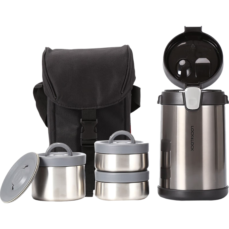 LOCK&LOCK Three-Layer Portable 304 Stainless Steel Insulated Lunch Box, Insulated Bucket, Bento Box + Lunch Bag, Dark Gray, 2L