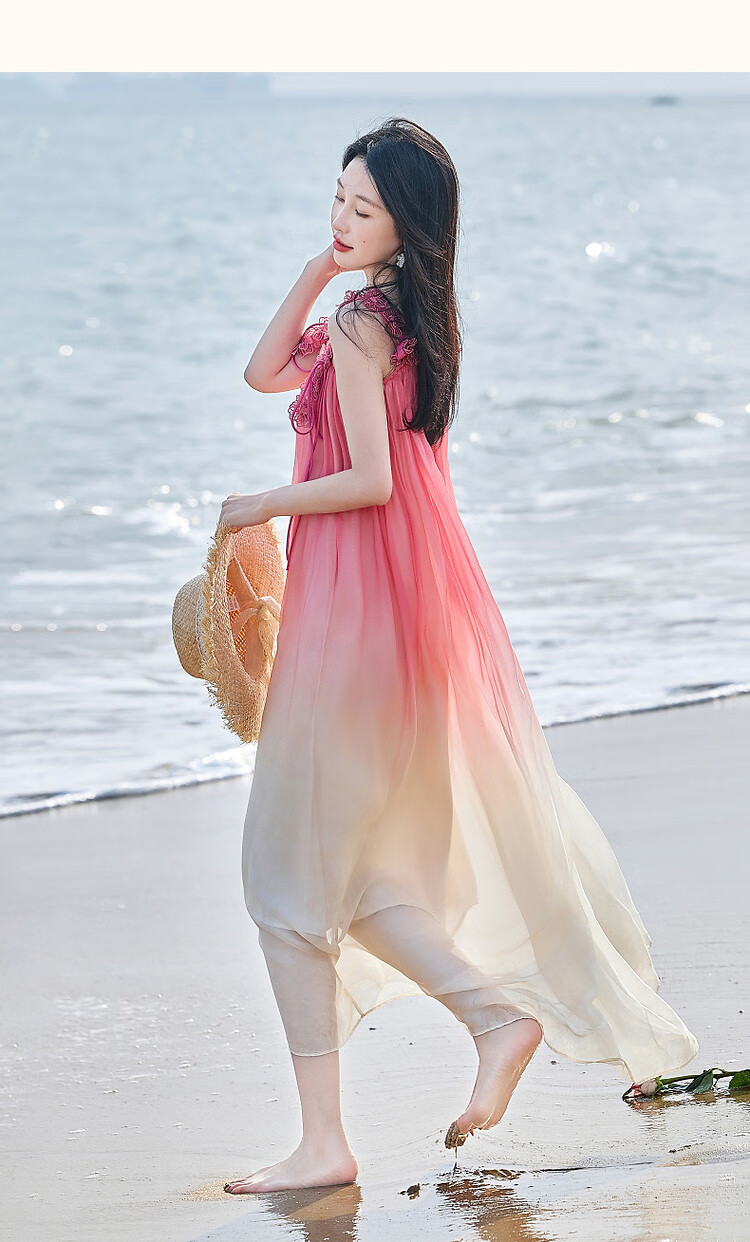 Dme [Dingdai'er Fashion] Summer Flowy Pink Gradient Chiffon Spaghetti Strap Beach Dress, 3D Floral A-Line Dress 15