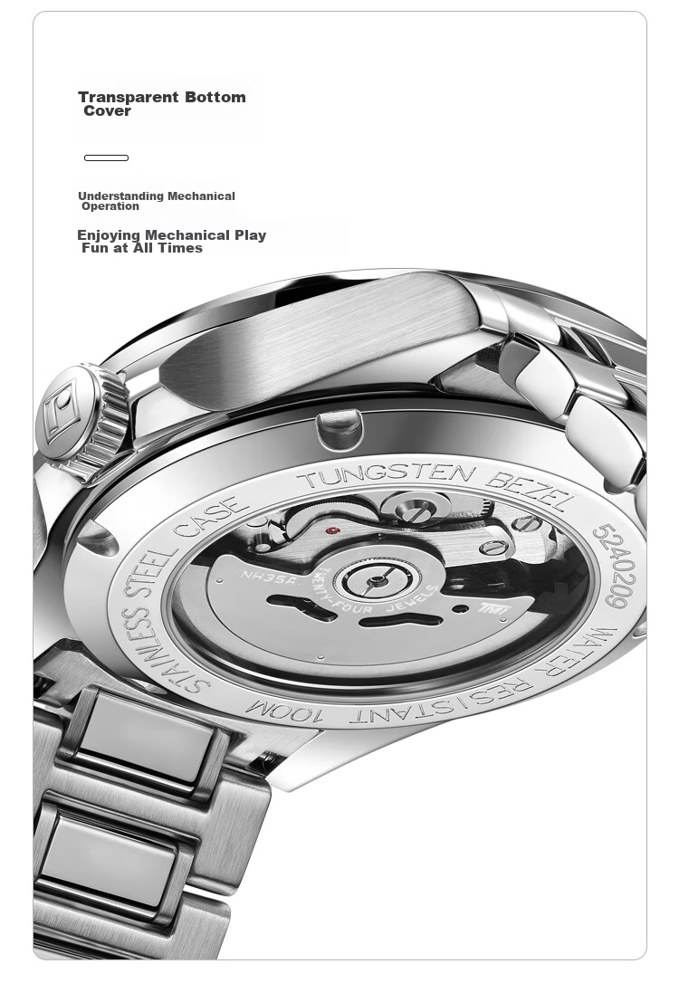 ROSSINI Men's Mechanical Watch, Birthday Gift for Men, Luminous, Water-Resistant, Black Dial, Tungsten Steel Strap, 5240209 18
