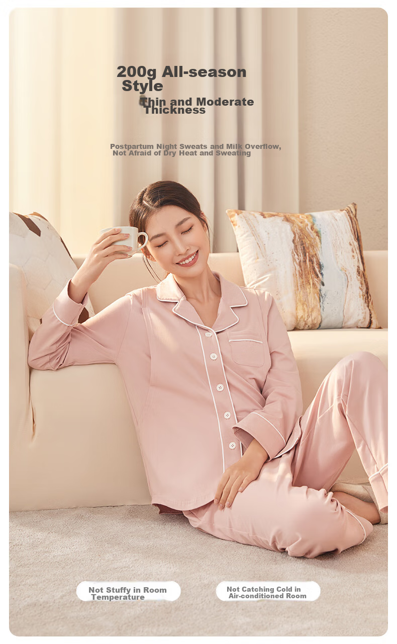 Shiyuejiejing Maternity Pajamas Spring And Autumn Cotton Postpartum Nursing Loungewear Set, Light Pink, Size M 9