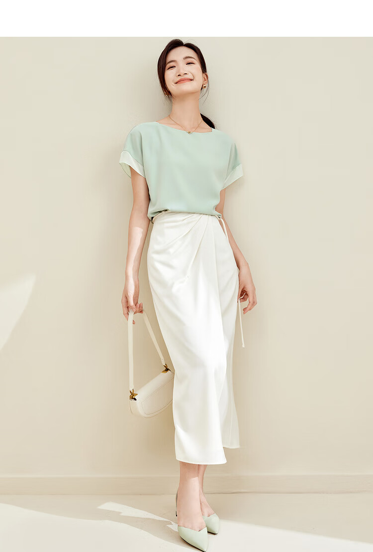 Sentubila Spliced Short-Sleeve Chiffon Blouse for Women, Slimming Tummy-Covering Top, Summer Lightweight Casual T-Shirt, Light Blue, S 39