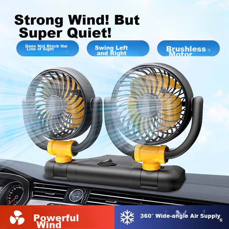 Dijialun Car Fan, 12V Automotive High-Speed Dual-Head Electric Fan, Rotating Mini Fan with License Plate Ornament for Car