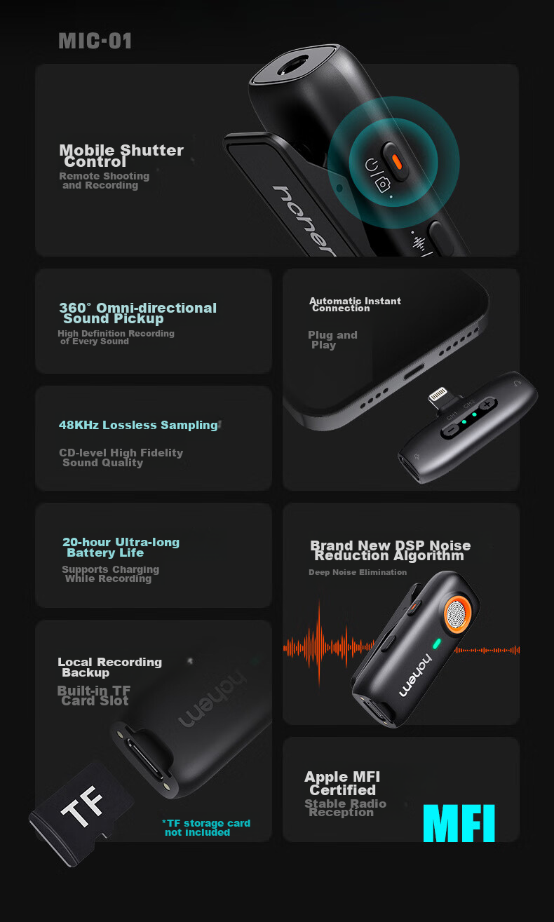 Hohem Mic01 Wireless Microphone, Clip-On Microphone for Live Streaming, Audio Pickup Device for Mobile Phones, Streamer Equipment, Douyin Short Video Recording, Noise Reduction Camera, Compatible with Apple 16 And Android 6