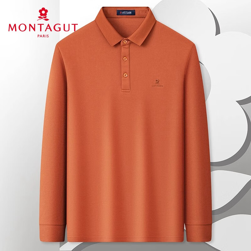 MONTAGUT Men's Long-Sleeve Polo Shirt, Spring And Autumn Business Versatile Mulberry Silk Solid Color Embroidered Long-Sleeve T-Shirt, Orange-Red, Size L
