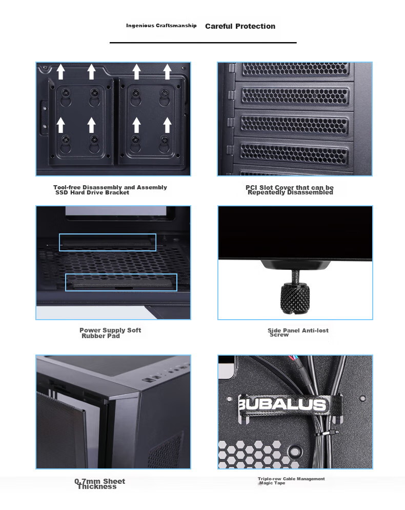 BUBALUS Guardian S301 Type-C Version Computer Desktop Case (Top And Front 360mm Water Cooling Positions / Supports E-ATX / Fully Side-Transparent Glass / 12 Fan Positions / LED Keyboard) 11