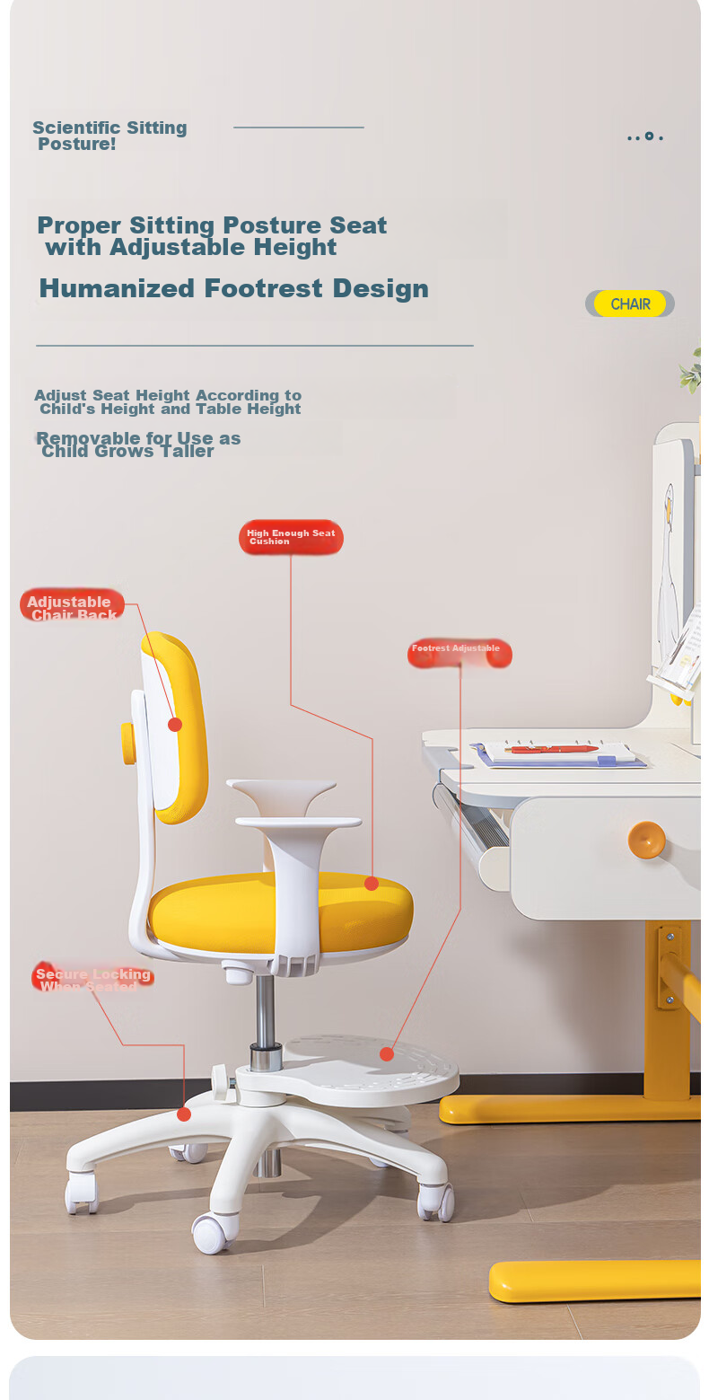 Deli 87108 Children's Study Chair, Writing Desk And Chair, Ergonomic Height Adjustable Seat, Beige (Single Chair) 4