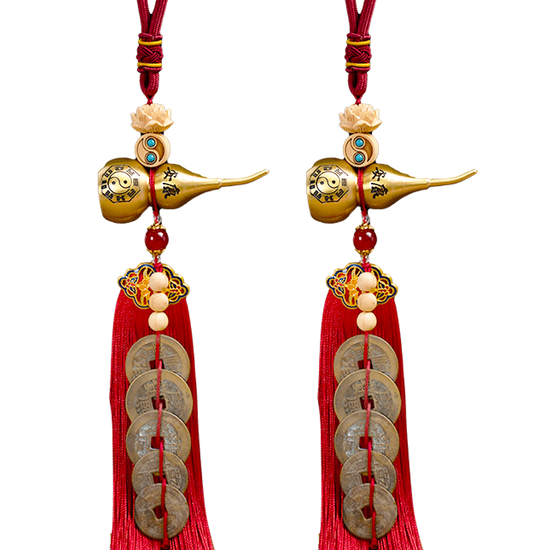 Feng Shui Pavilion Five Emperor Coins Pendant Copper Gourd Genuine Copper Coins Hanging Decoration for Living Room Bedroom Bathroom Entrance with Cinnabar for Safety and Peace