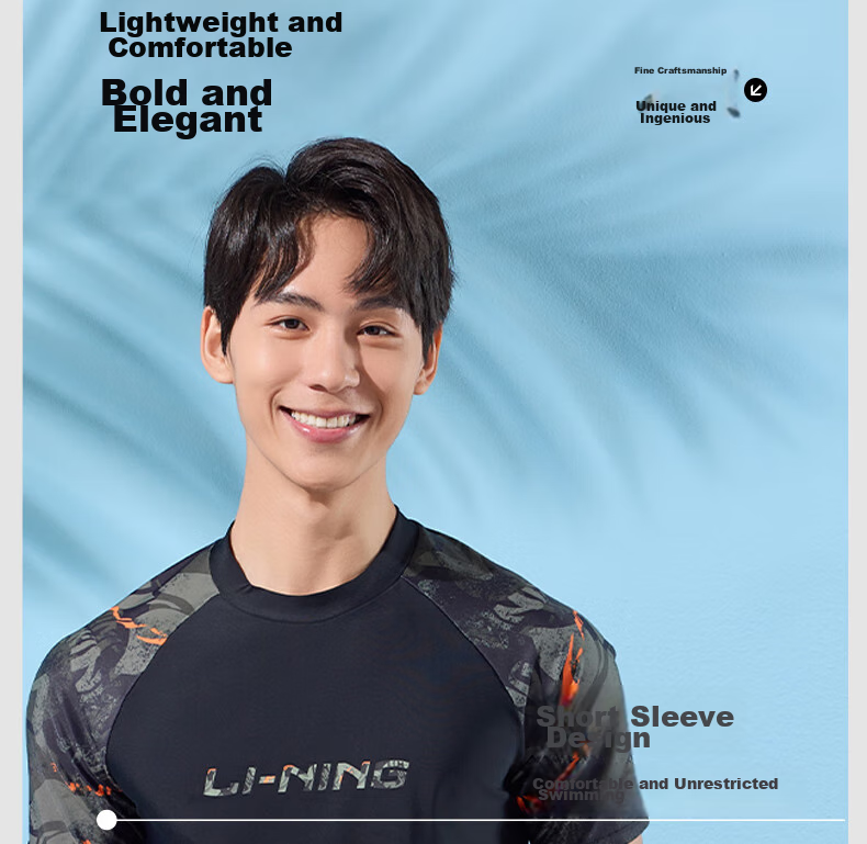 Li-Ning Men's Swimwear, Surfing And Diving Suit, Short-Sleeved, Anti-Embarrassment, Quick-Drying, Hot Spring Swimming Training Top, 868 Black Floral Pattern, XXL 8