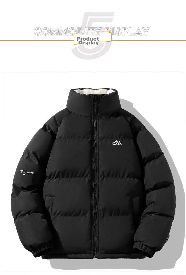 NASA MARVEL Cotton Jacket for Men, Winter Padded Coat, Couple Outfit, Thickened Loose Versatile Casual Coat, Black, Size L 11