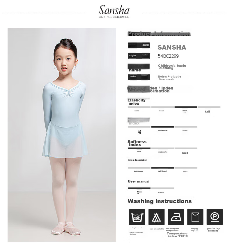 Sansha Ballet Practice Dress, Children's Dance Costume Long-Sleeve Dress Chiffon V-Neck Lace Bodysuit Dress, Light Blue, M 2