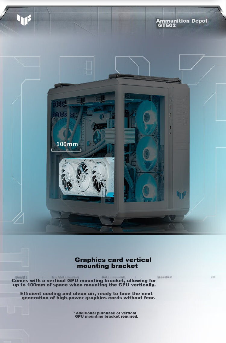 ASUS TUF GAMING GT502 White Arsenal Case, White Cables, Dual-Chamber Design, Tool-Free Disassembly, White Seaside View, Innovative Cooling, GPU Bracket 8