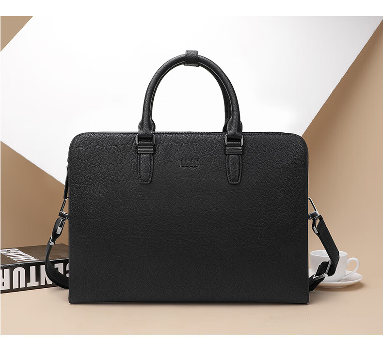 ELLE HOMME Men's Business Briefcase, Light Luxury Top-Grain Leather Handbag, Crossbody Laptop Bag for Men, 03910 Black 2