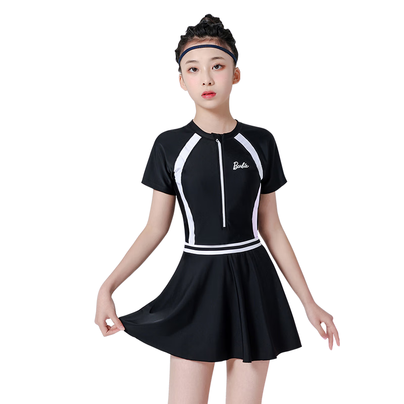 Barbie Children's Sun Protection Swimsuit One-Piece Dress Style for Older Girls, Elementary to High School Training Conservative Swimsuit for Young Girls