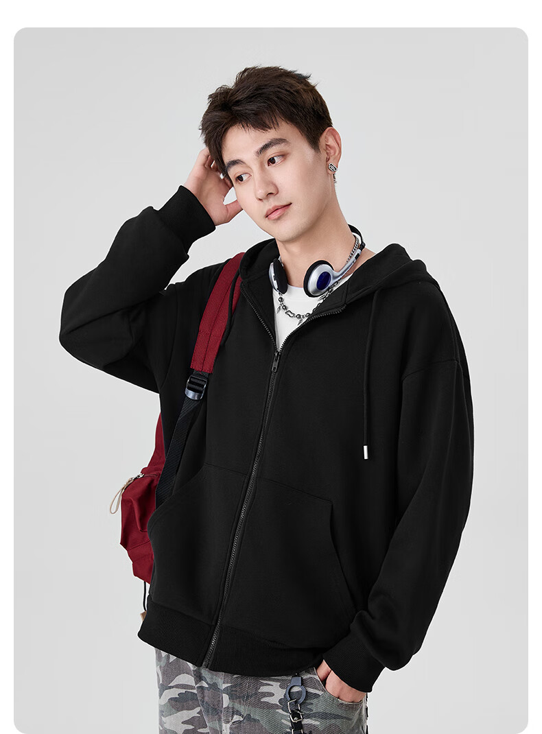 Baleno Hooded Jacket for Men, Autumn New Heavyweight Couple Trendy High Street Men's Sweatshirt, Solid Color Long-Sleeve Cardigan Clothing Fashio 3