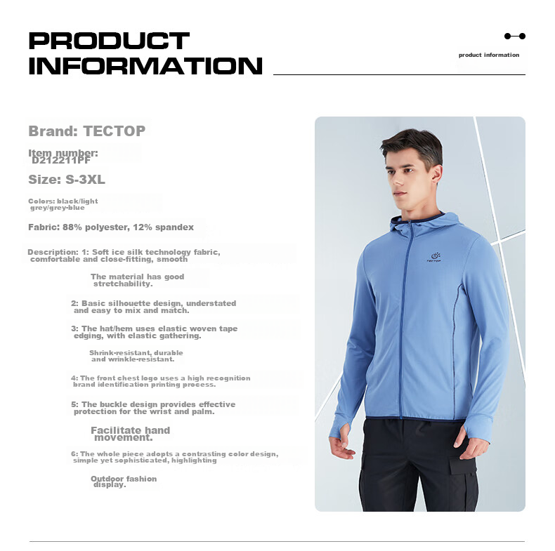 TECTOP Sun Protection Jacket for Men, Lightweight And Breathable Outdoor Skin Coat, Men's Gray-Blue Color, Size 3XL 16