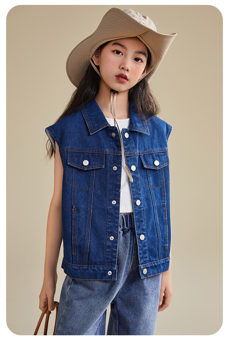 QQ DUCK Children's Denim Vest Girls' Sleeveless Jacket Youth Clothing Classic Vest Navy Blue; 165 10