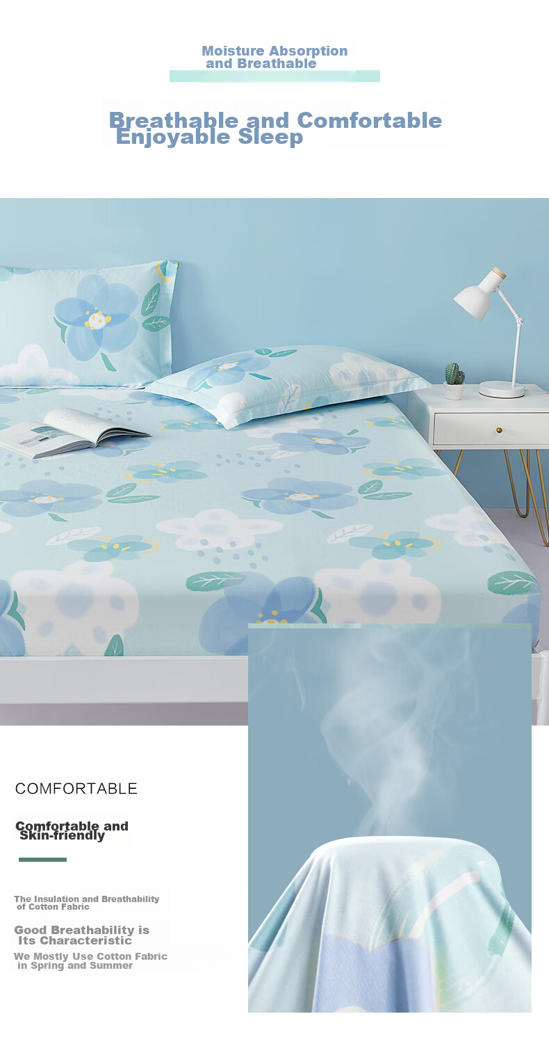 BEYOND Home Textiles Pure Cotton Fitted Sheet Mattress Cover Single Piece Set Floral Pattern 180*200cm 8