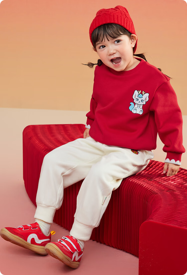 BALABALA Girls' Long-Sleeve Sweatshirt, Children's Top, Spring Wear, Fleece-Lined, New Year Red, Inner Layer, 208125121002 5