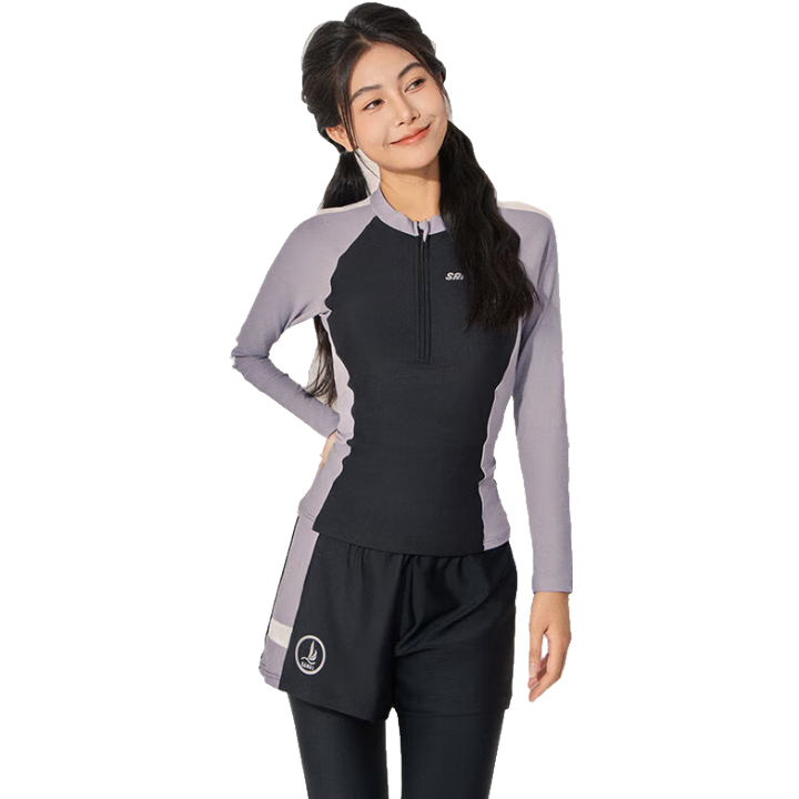 Sanqi Women's Three-Piece Swimsuit Set, Conservative, Slimming, Tummy-Concealing, Long Sleeves, Long Pants, Conservative, for Hot Springs, Snorkeling, Surfing, Purple, XXL