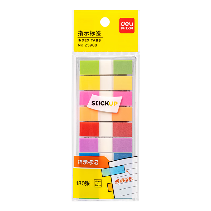 Deli 180 Sheets 12*44mm Pull-Out Colorful Index Tabs, Fluorescent Film Sticky Notes Memo Pads 25908