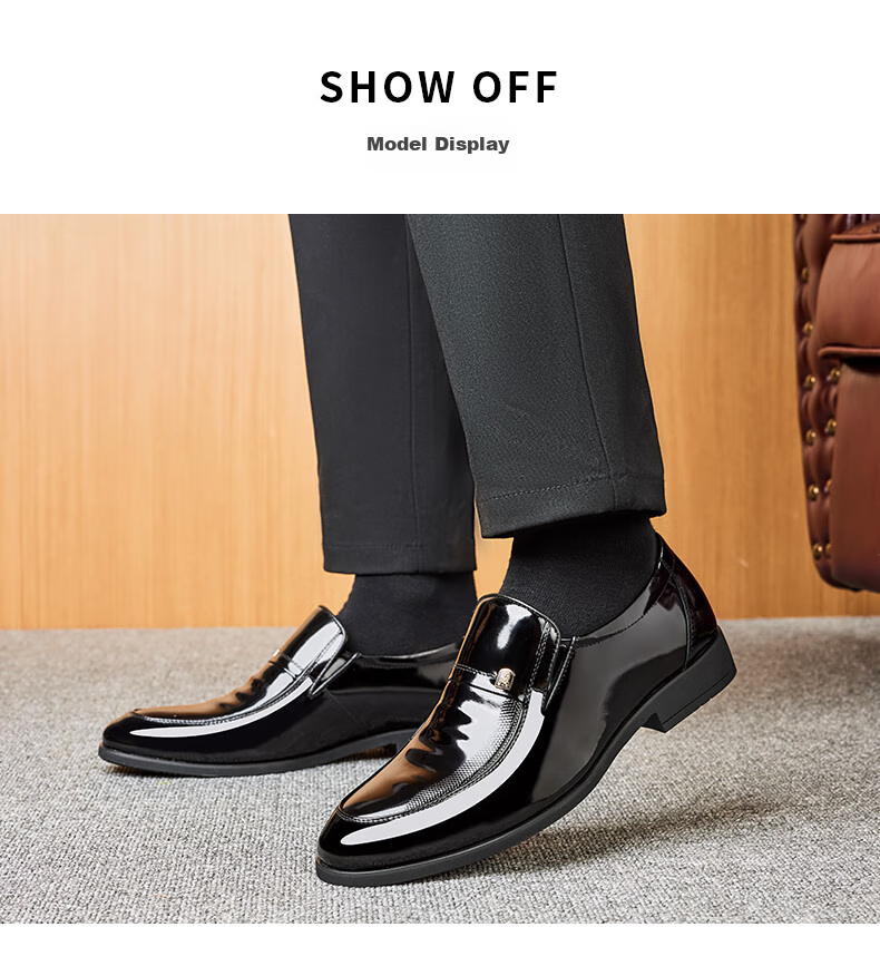 LAORENTOU Leather Dress Shoes for Men, Formal Patent Leather Shoes, Wedding Groom Shoes, Pointed Toe Slip-On Shoes, LA13087, Black, Size 39 12