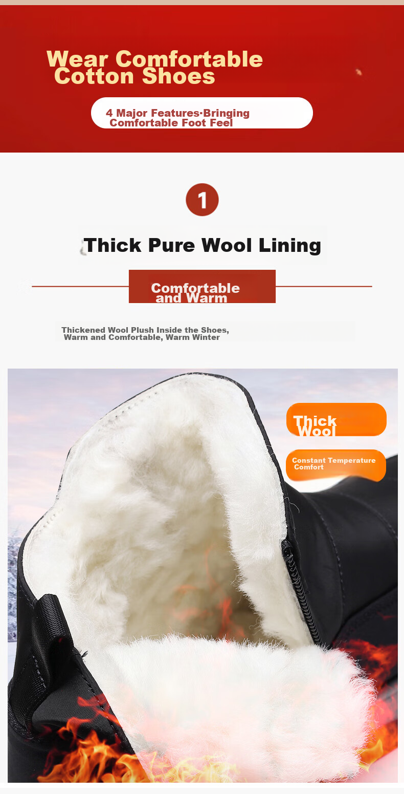 Ankang Winter Pure Wool Warm Men's Old Beijing Cloth Shoes, Thickened Waterproof Dad High-Top Cotton Boots 23503, Black, Size 44 7
