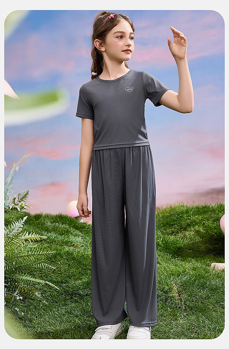 ASK JUNIOR Girls' Summer Sportswear Set: Thin Short T-Shirt + Wide-Leg Long Pants Two-Piece Set, Gray, Size 170 10