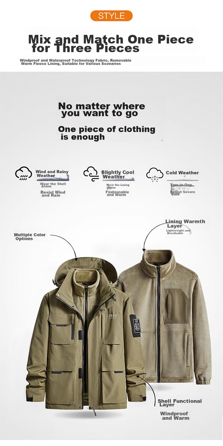 JEEP SPIRIT Men's Three-In Jacket, Autumn And Winter Casual Loose-Fitting Hooded Workwear Coat for Me 2